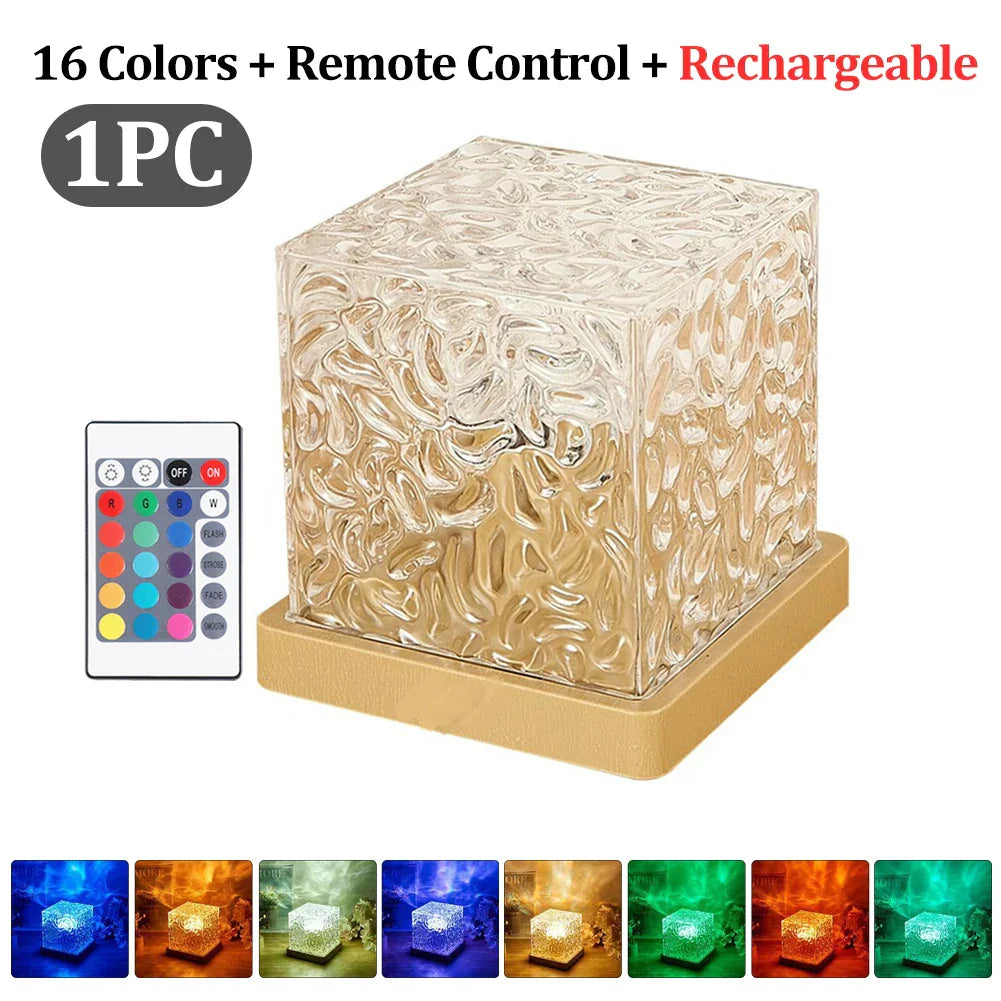 Water Ripple Cube Night Light Rotating Water Wave Night Lights Remote Control 16 Colors Crystal LED Table Lamp for Bedside 