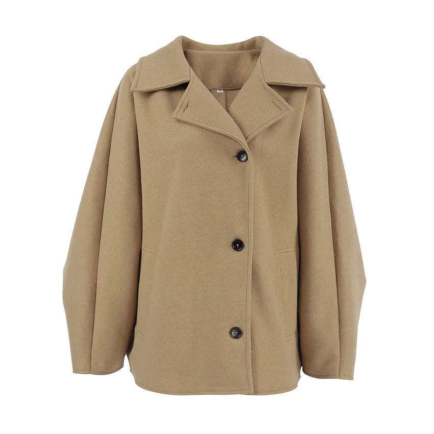 Autumnwomen Clothes Fashion Brown Wool Lapel Long Leeve Cardigan Coat Simple Commuter Casual Simple Women Warm Clothes