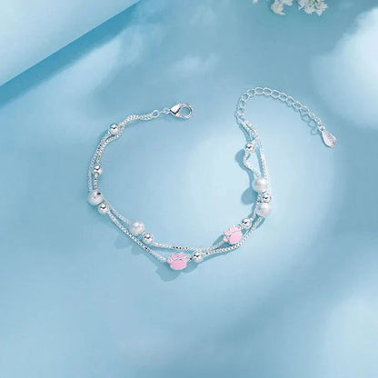 Sliver-plated Double Layer Bracelet for Women Girl Pink Cat Paw Animal Lovely Sweet Jewelry Birthday Gift